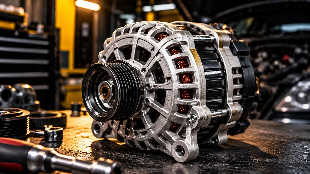 Alternador automotivo em destaque, com polia e bobinas de cobre visíveis